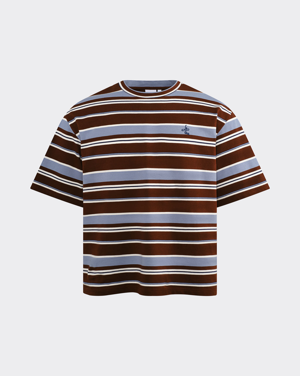 Striped t-shirt with brown, blue, and beige colors on a white background