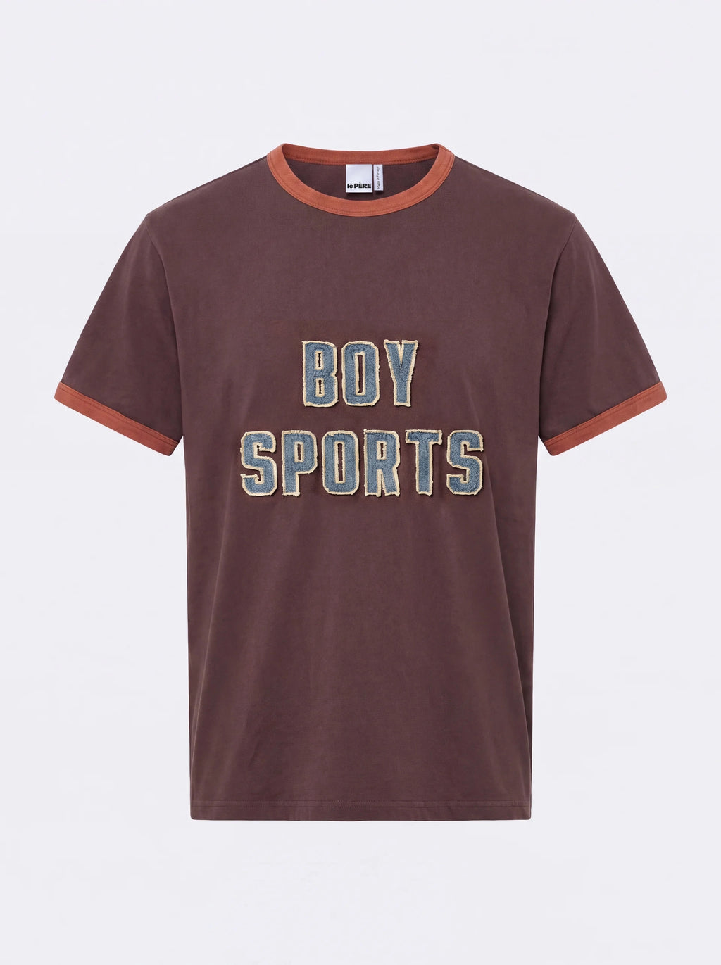 BOY SPORTS Ringer Tee — Brown ringer t-shirt with contrasting accents, featuring chenille-stitched varsity lettering. A cheeky, collegiate-inspired staple from the FW26 Collection with a nostalgic athletic feel.