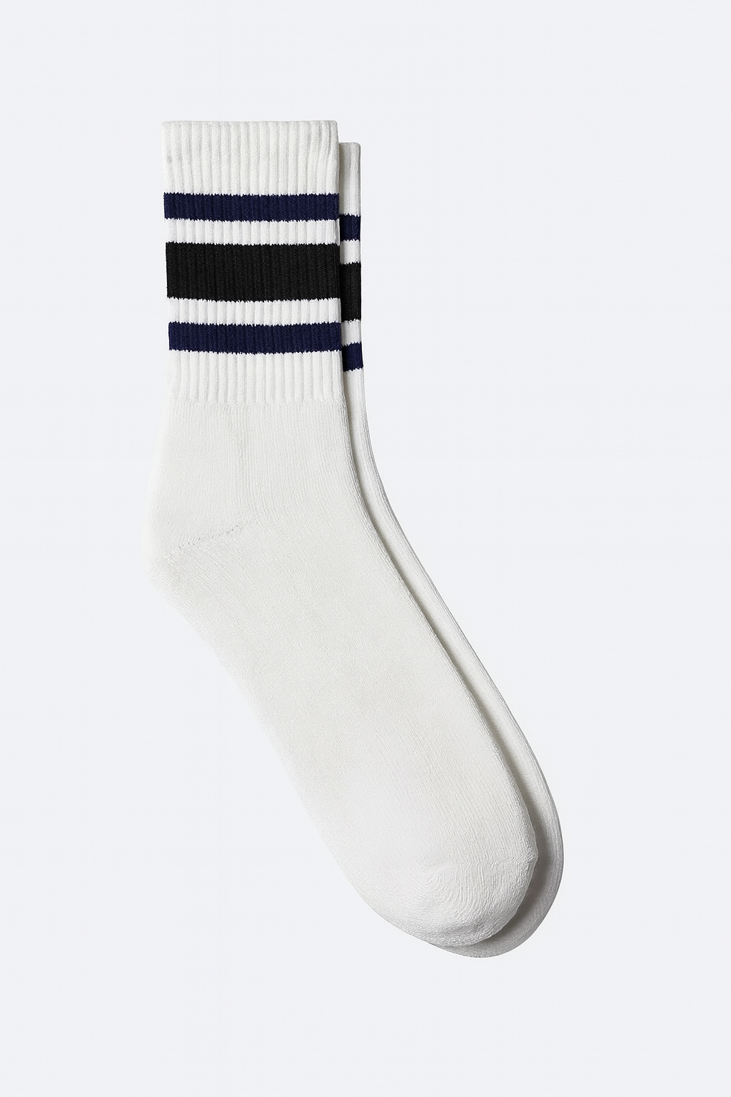 White sock with black and blue stripes on a white background