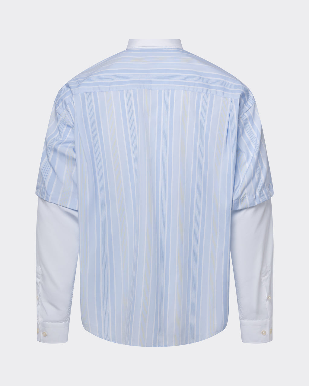 Back view of le PÈRE Blue Striped Detached Sleeve Button Down shirt, emphasizing the shirttail hem and overall silhouette.