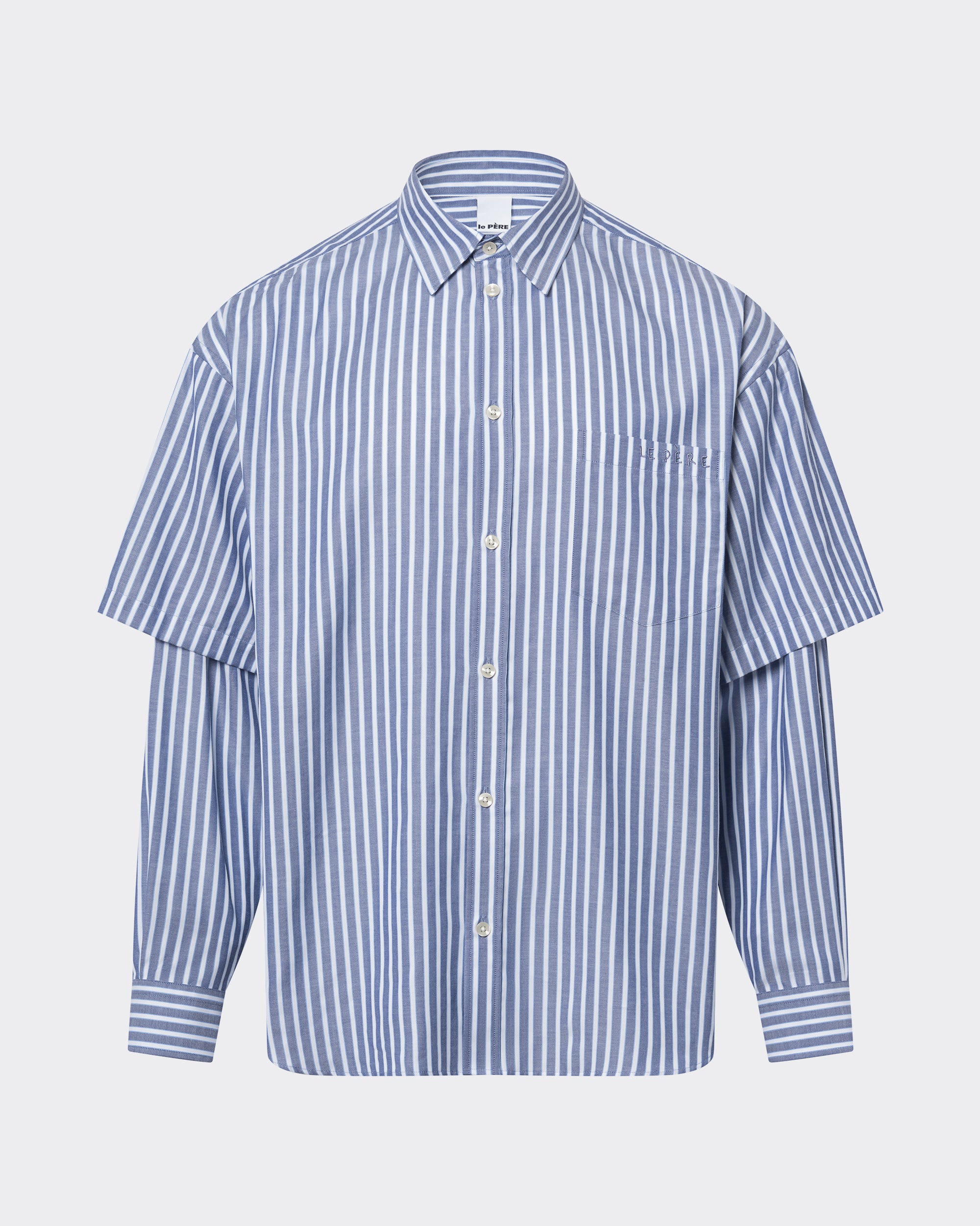 YONFA double button over shirt ブルーストライプ Office Shelby Double Sleeve Button Down | le PÈRE