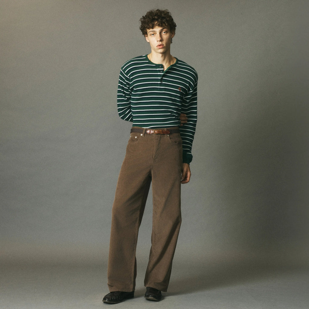 le PÈRE Waffle Henley Green Stripe - On Model