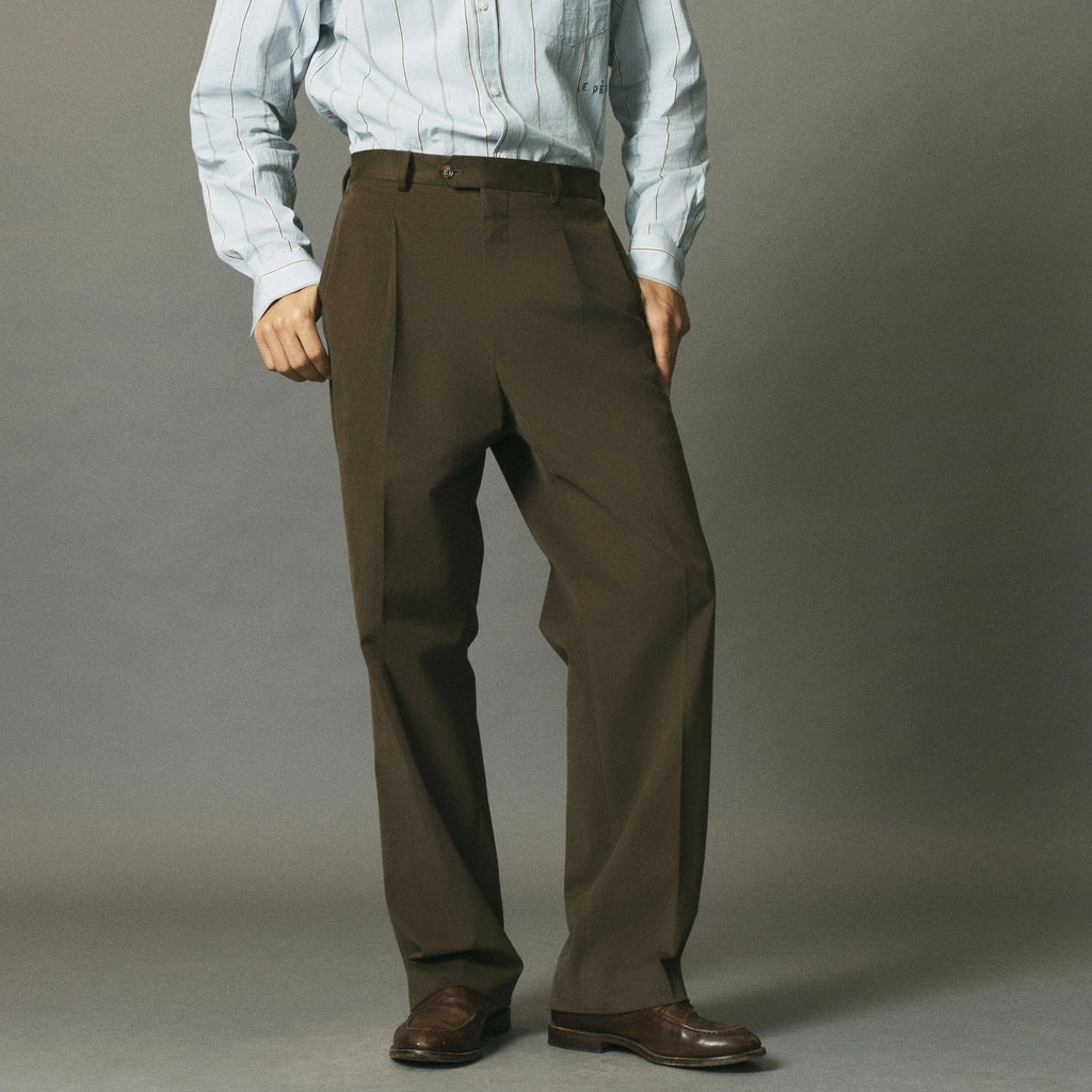 Brushed Cotton Pleated Trouser Slimmer Fit Chocolate Brown