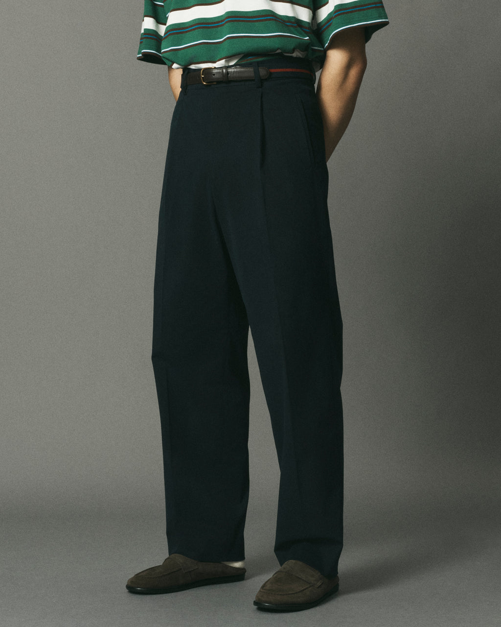 Navy Brushed Cotton Pleated Trouser