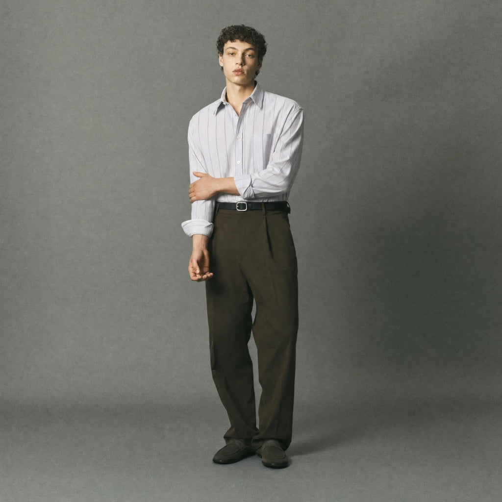Perennial Button-Down — Blue & Black stripe shirt, tailored from fine Japanese cotton and made in Italy. Relaxed, refined menswear for everyday wear.