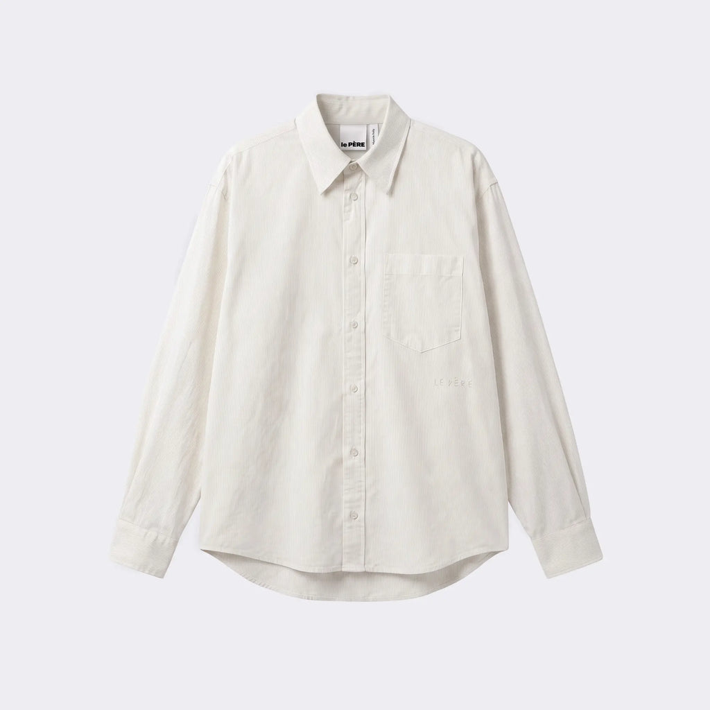 Perennial Button-Down — Ecru & white stripe shirt, tailored from fine Japanese cotton and made in Italy. Relaxed, refined menswear for everyday wear.