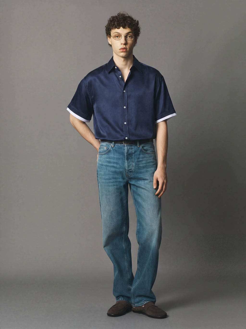Cupro Double Short Sleeve Shirt Navy