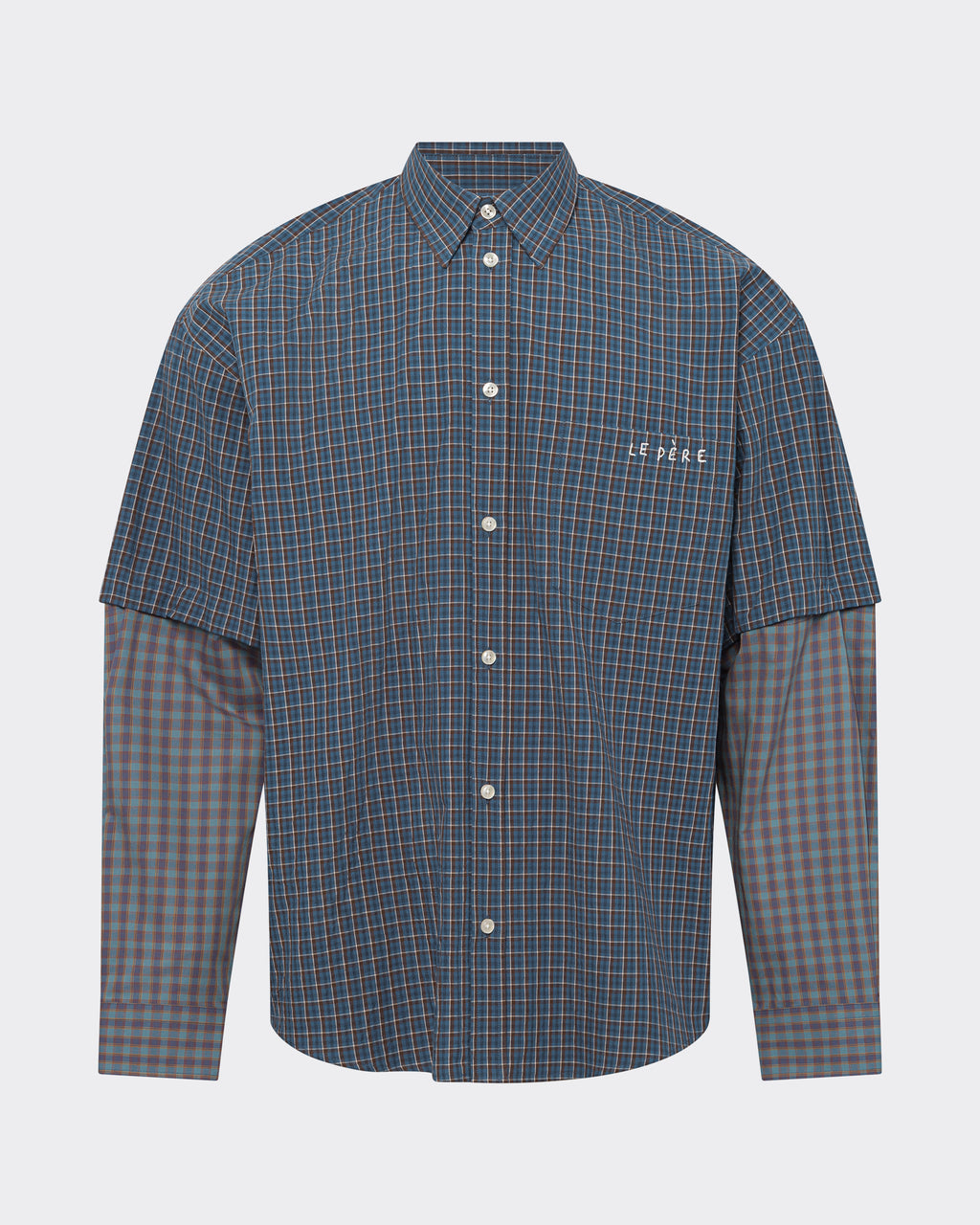 LE PÈRE Detached Double Sleeve Button Down in blue check — front view on neutral background.