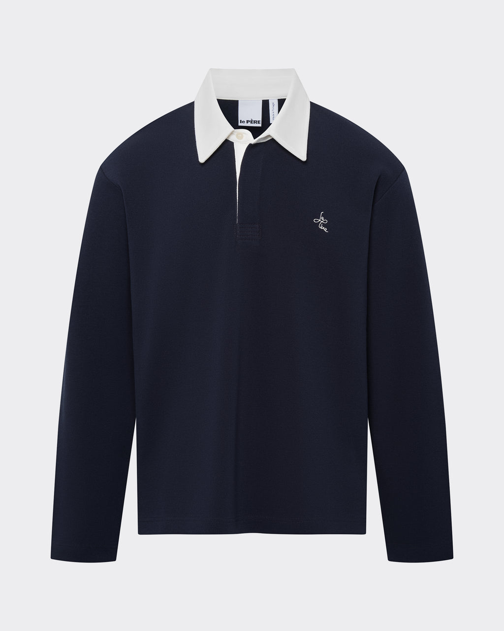 Navy long-sleeve polo shirt with white collar on a light gray background