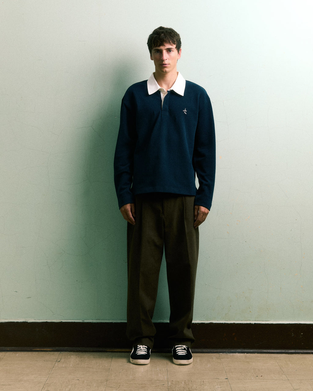 LE PÈRE Long-Sleeve Rugby Polo in navy — front view on neutral background.