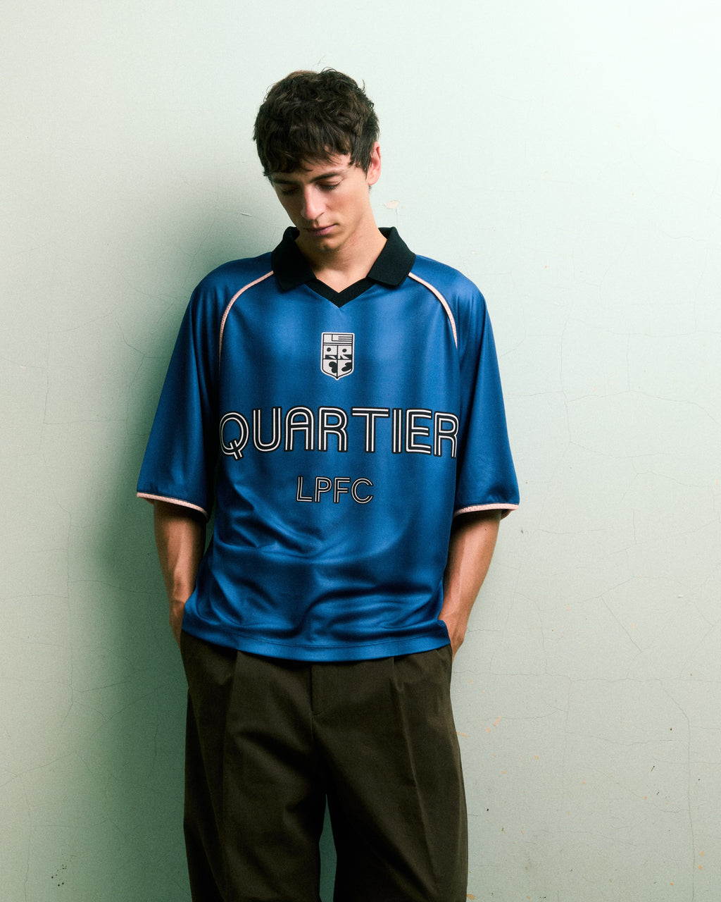 LE PÈRE LPFC Football Jersey in blue stripe — front view on neutral background.