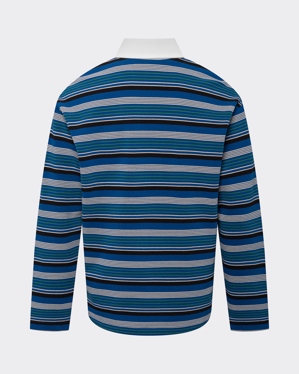 Back view of LE PÈRE blue multi stripe long-sleeve rugby polo showing relaxed silhouette.