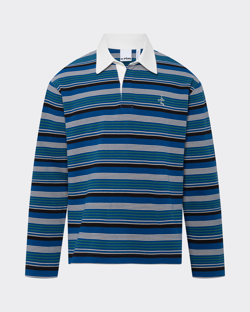 LE PÈRE Long-Sleeve Rugby Polo in blue multi stripe — front view on neutral background.