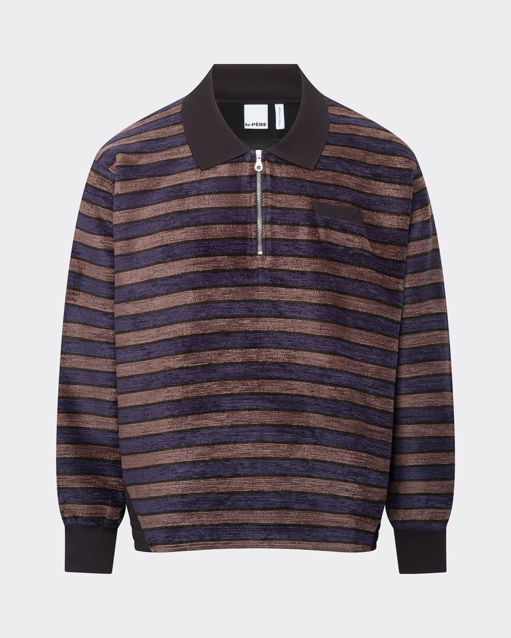 LE PÈRE Long-Sleeve Zipped Polo — navy gray stripe chenille front view on neutral background