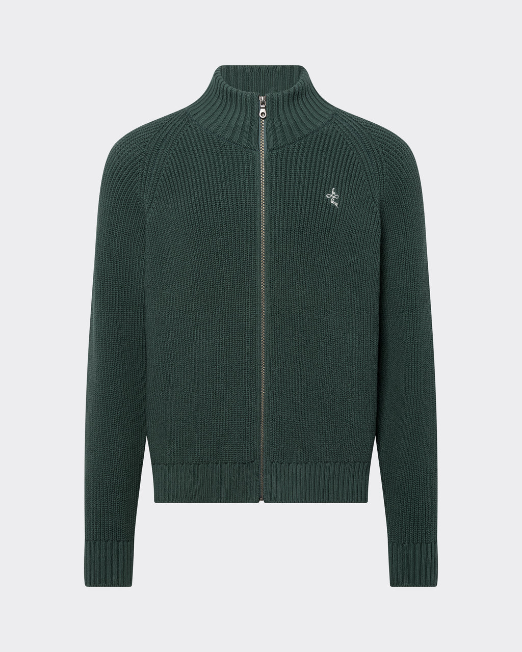 Green zip-up sweater on a light gray background
