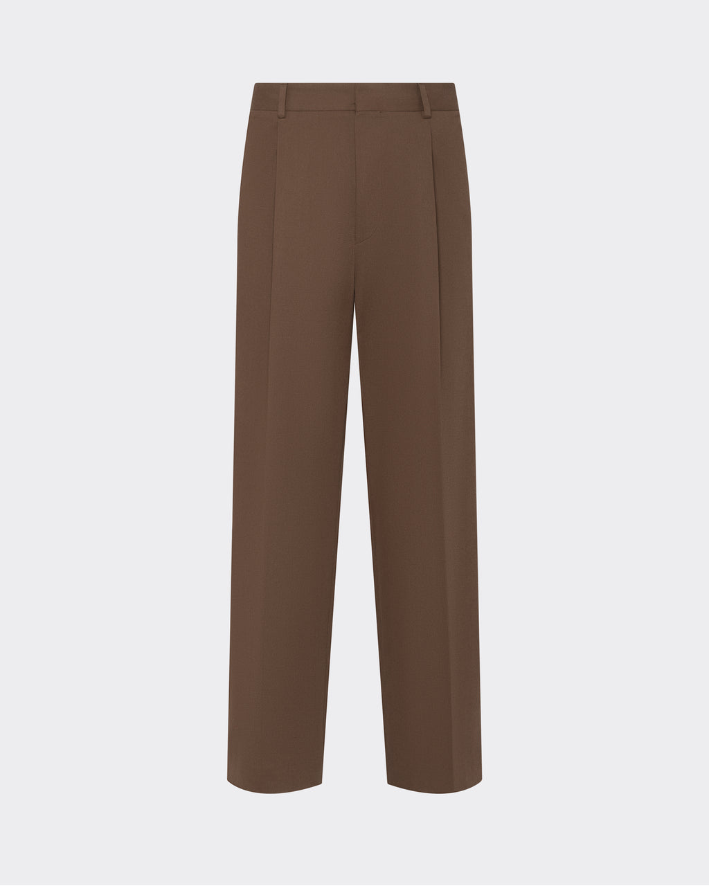 Front view of model wearing Chocolate Brown Pleated Trouser showing pleated front and tapered tailored fit
