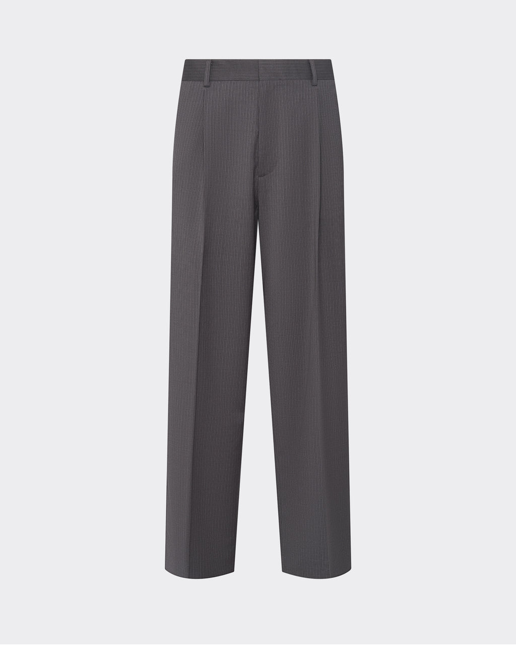 Front view of model wearing Grey Stripe Pleated Trouser showing pleated front and tapered, tailored fit
